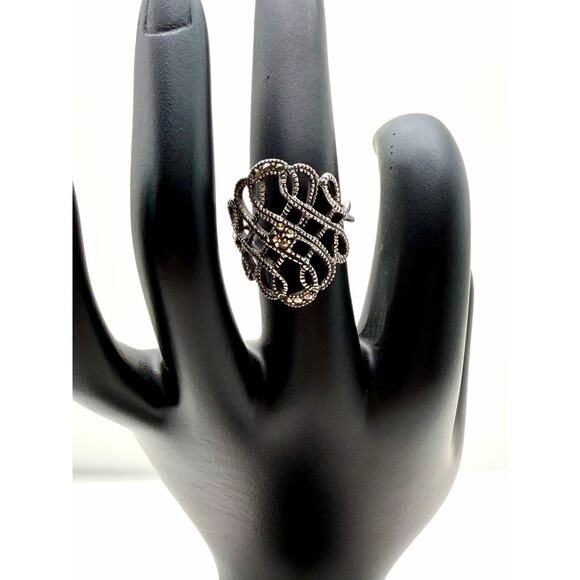 Sterling Silver 925 Filigree Marcasite Ring – Size 7 Vintage Statement Jewelry - Picture 1 of 5